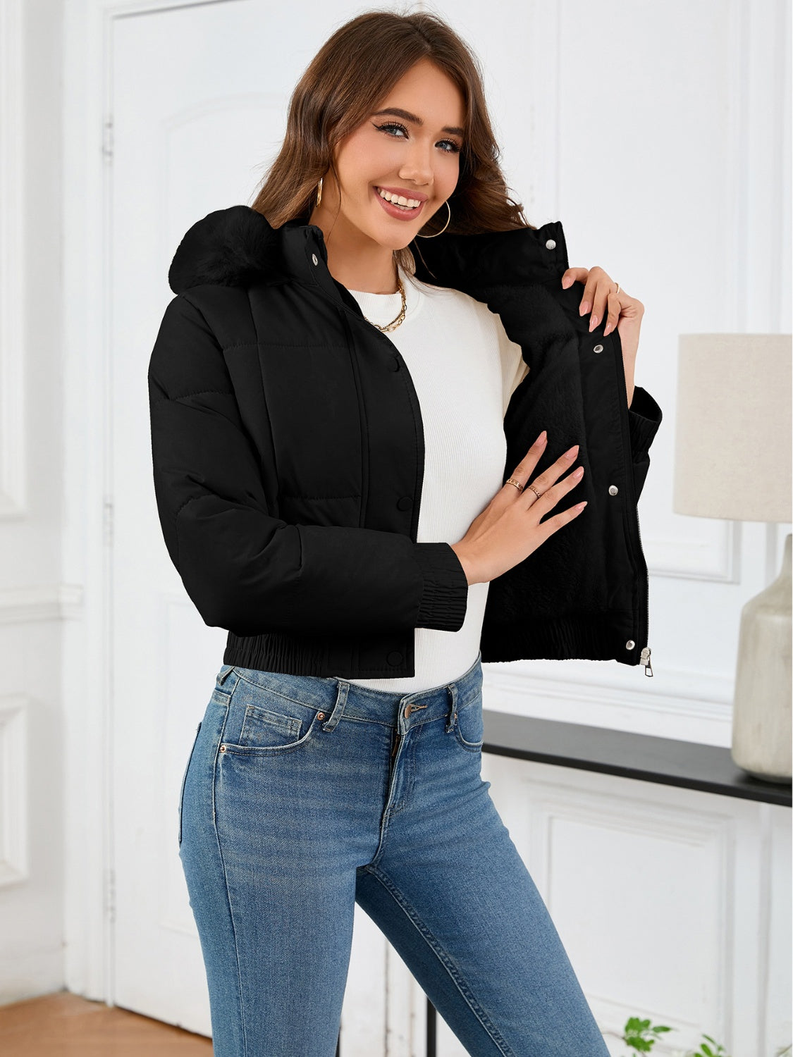 Cropped Hooded Winter Coat with Long Sleeves and Pockets - MARIGOLD 