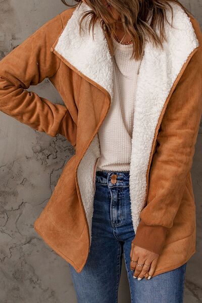 Open Front Long Sleeve Sherpa Jacket - MARIGOLD 