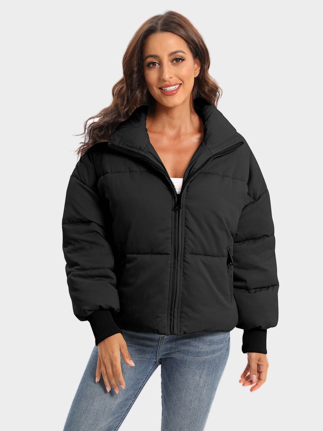 Zip Up Turtleneck Long Sleeve Puffer Jacket - MARIGOLD 