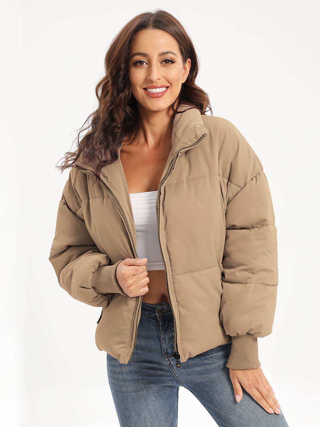Zip Up Turtleneck Long Sleeve Puffer Jacket - MARIGOLD 