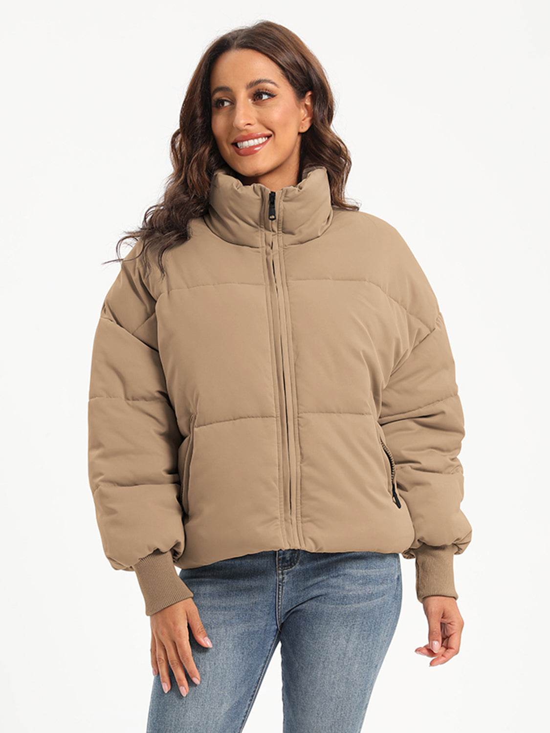 Zip Up Turtleneck Long Sleeve Puffer Jacket - MARIGOLD 