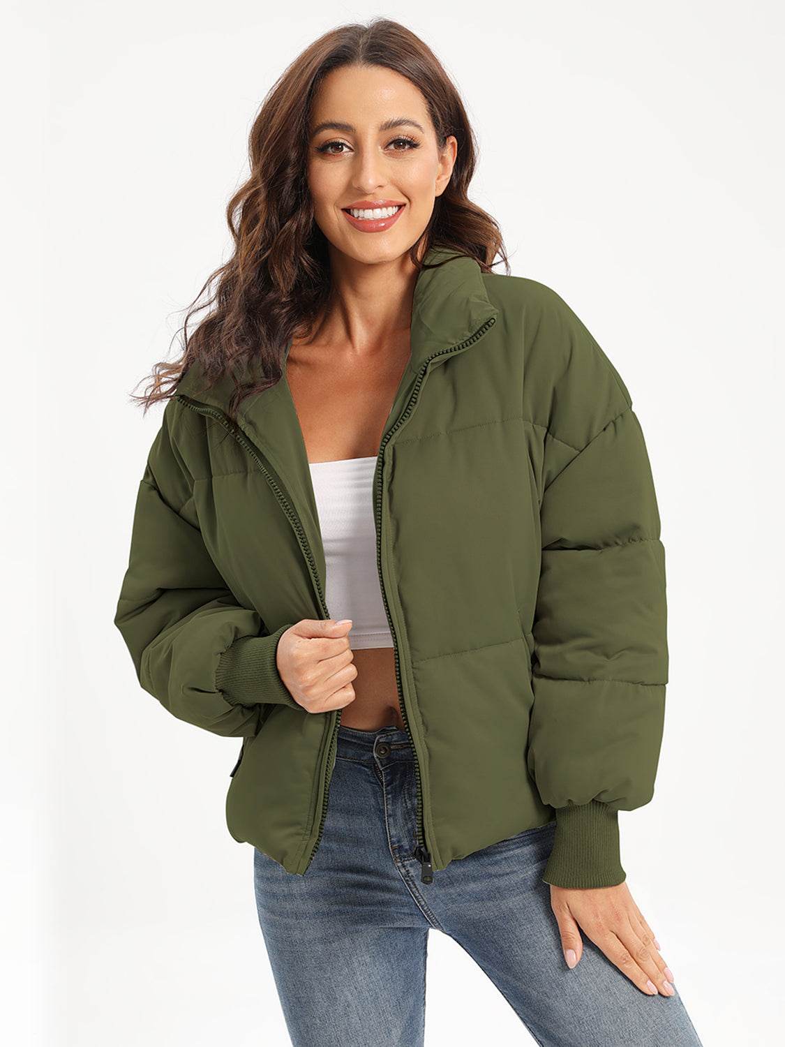 Zip Up Turtleneck Long Sleeve Puffer Jacket - MARIGOLD 