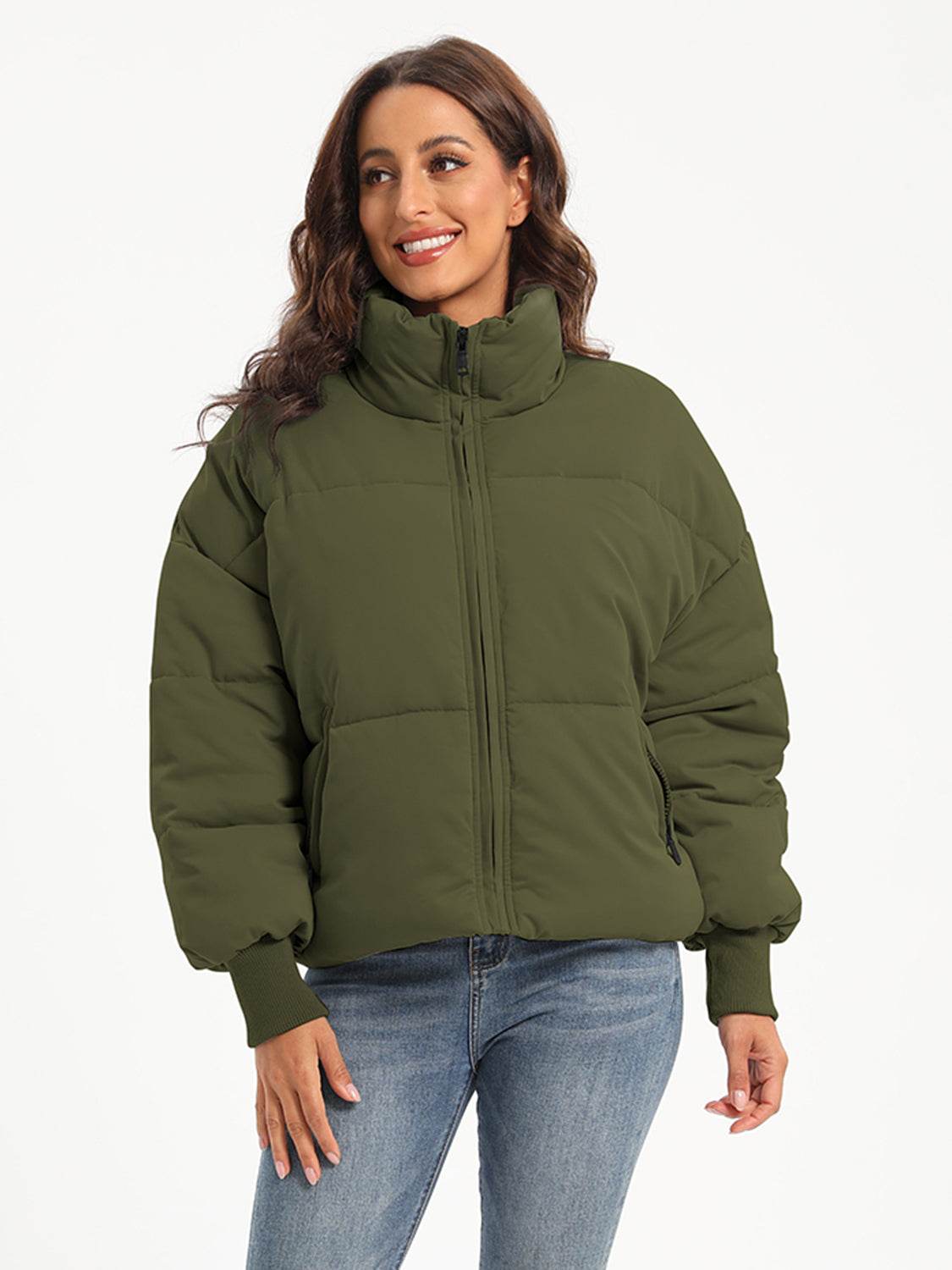 Zip Up Turtleneck Long Sleeve Puffer Jacket - MARIGOLD 