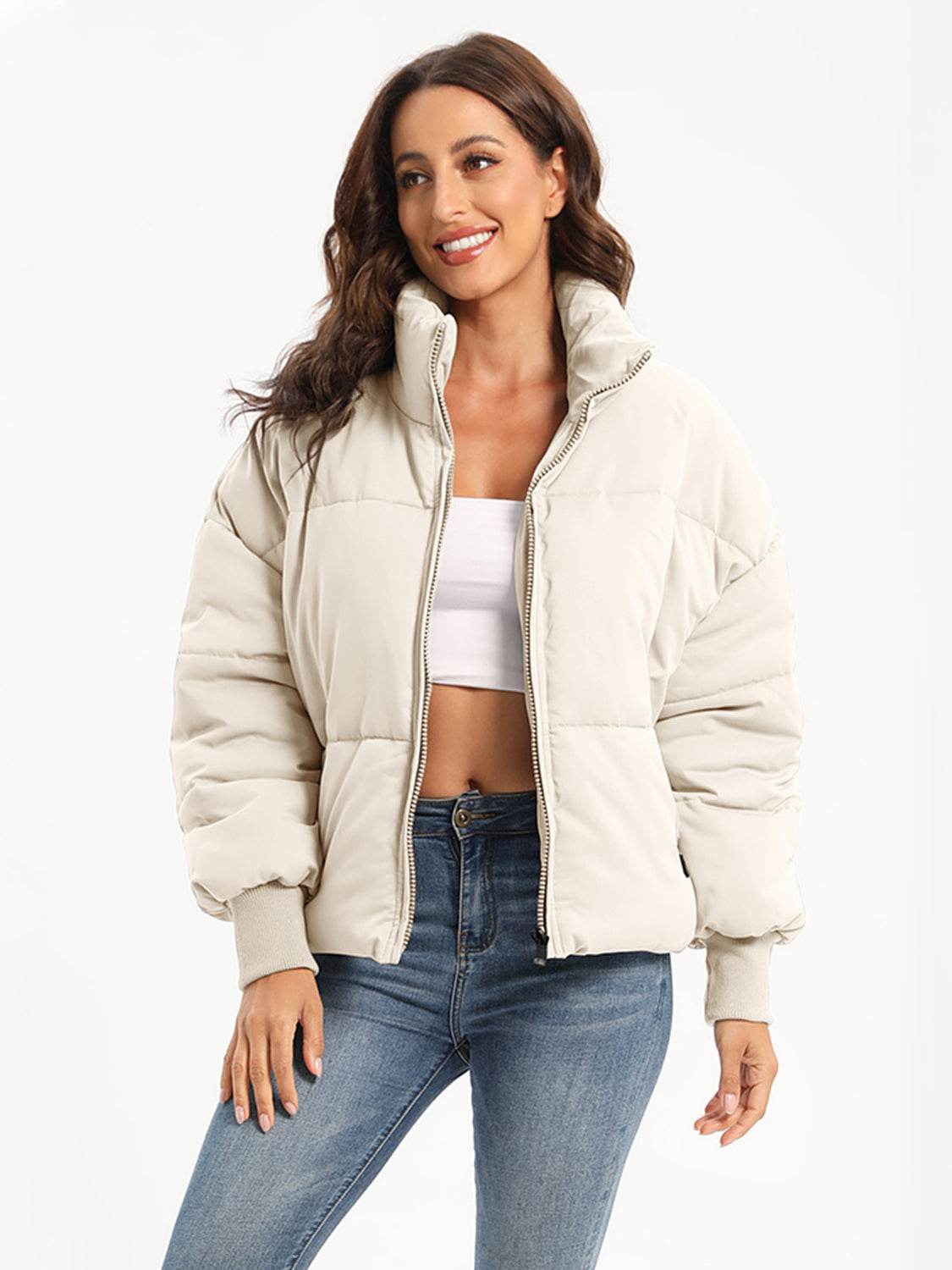 Zip Up Turtleneck Long Sleeve Puffer Jacket - MARIGOLD 