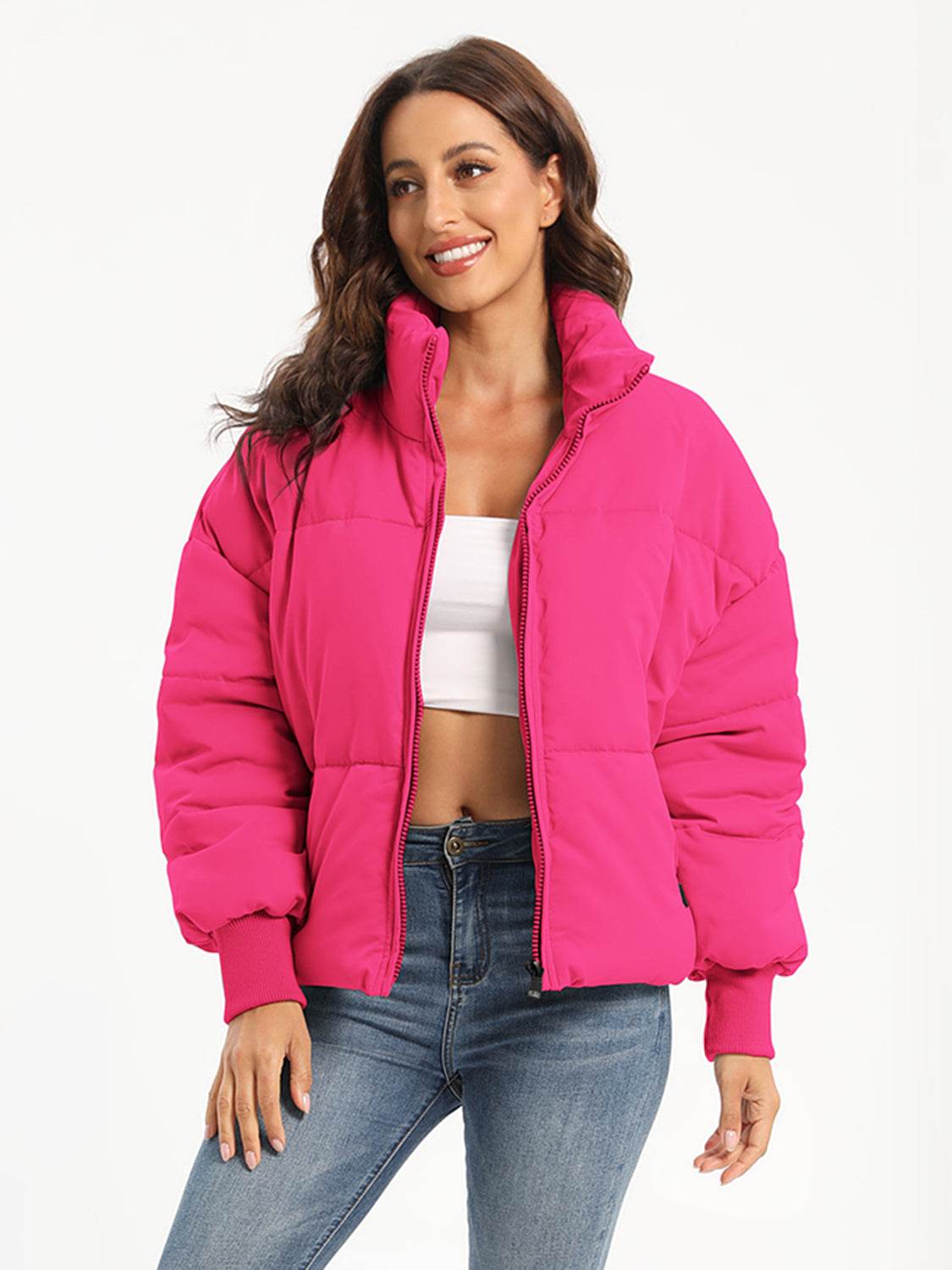 Zip Up Turtleneck Long Sleeve Puffer Jacket - MARIGOLD 