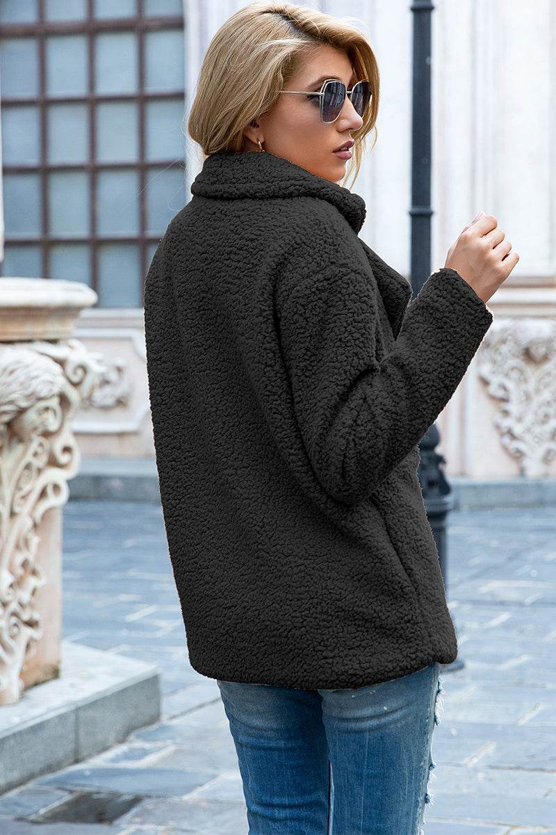 Full Size Lapel Collar Sherpa Coat - MARIGOLD 