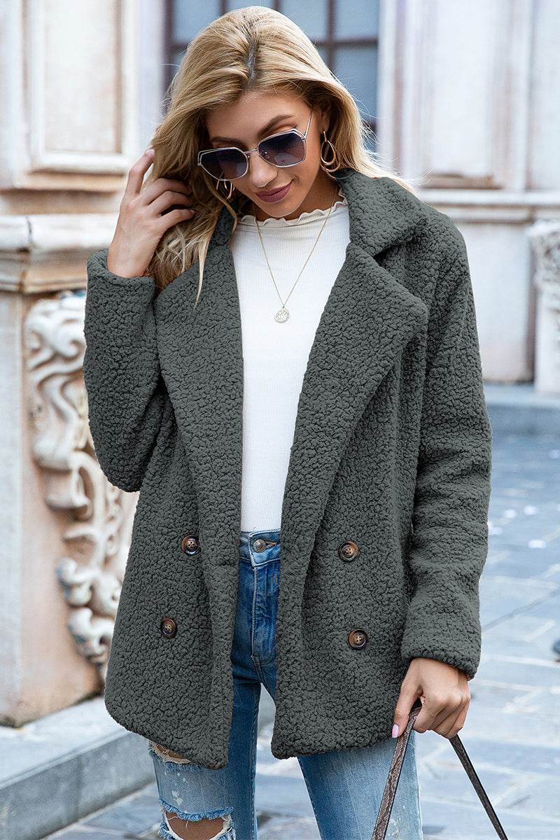Full Size Lapel Collar Sherpa Coat - MARIGOLD 