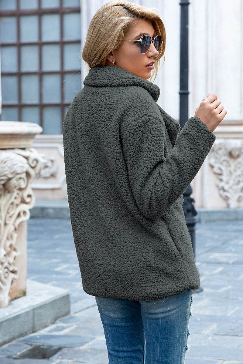 Full Size Lapel Collar Sherpa Coat - MARIGOLD 