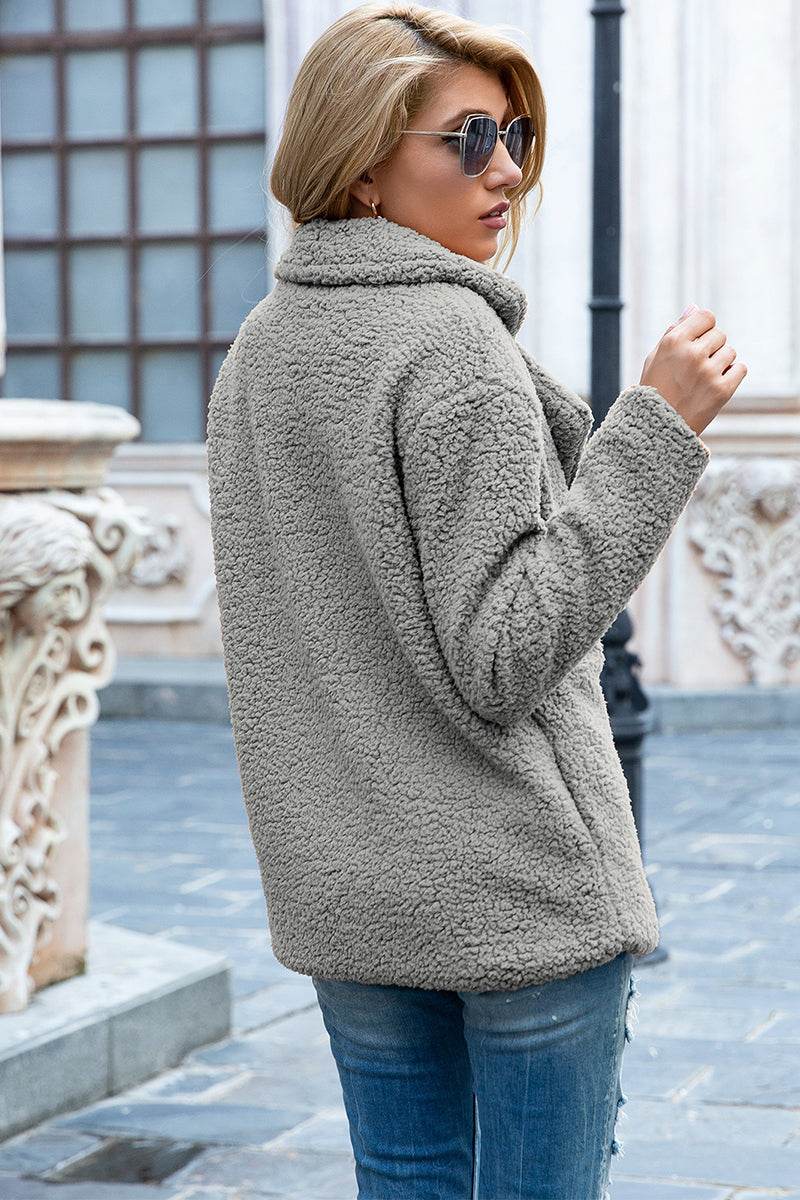 Full Size Lapel Collar Sherpa Coat - MARIGOLD 