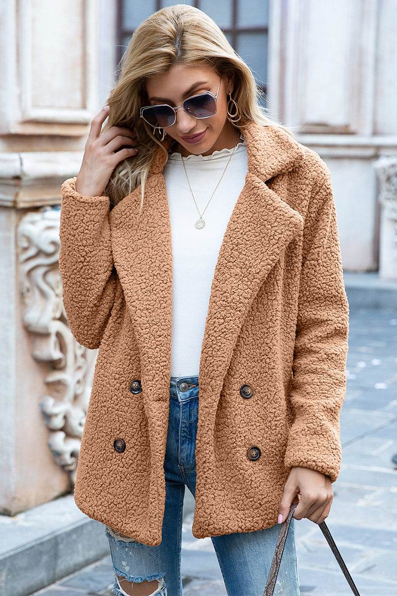 Full Size Lapel Collar Sherpa Coat - MARIGOLD 