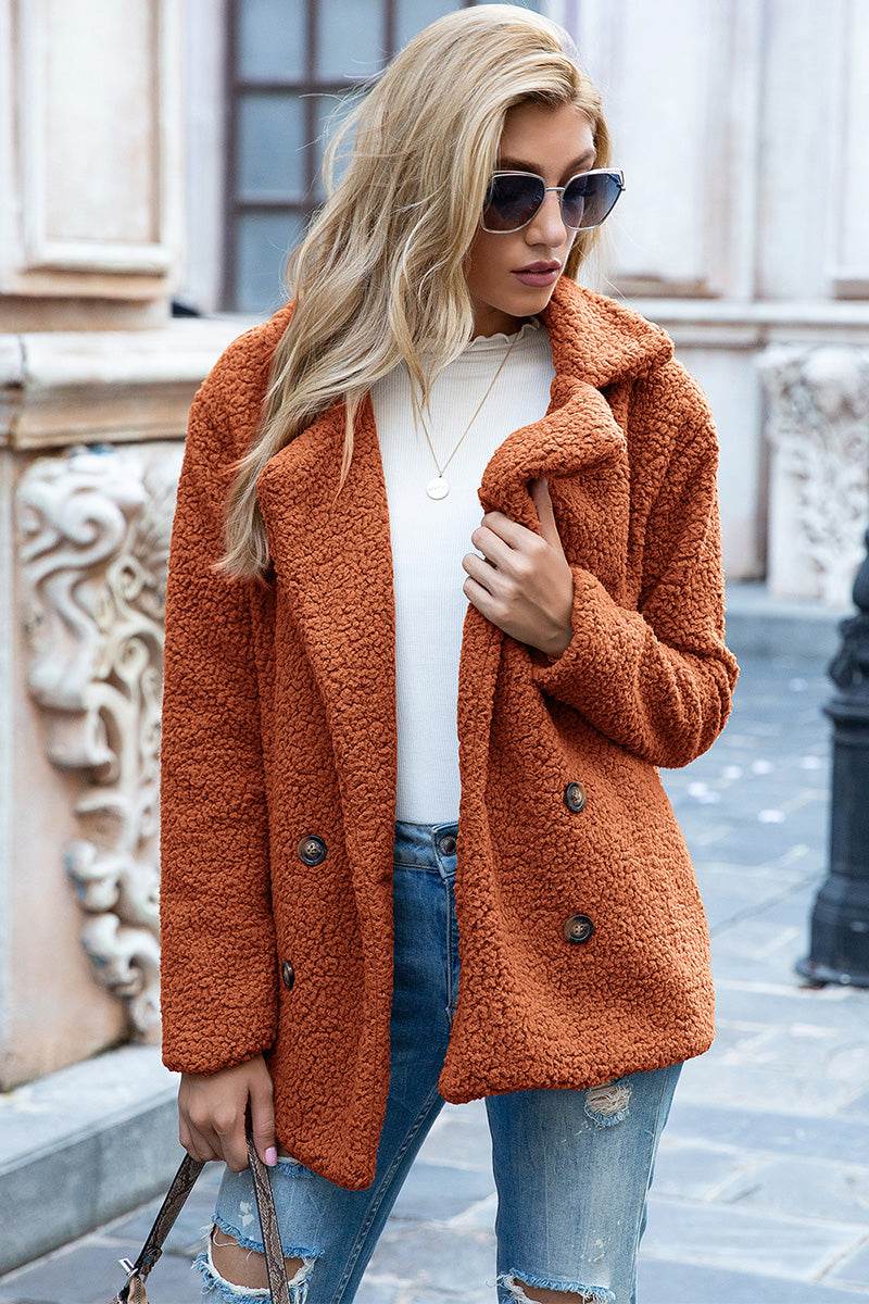 Full Size Lapel Collar Sherpa Coat - MARIGOLD 