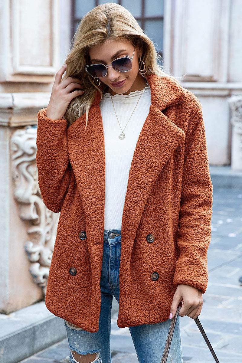 Full Size Lapel Collar Sherpa Coat - MARIGOLD 