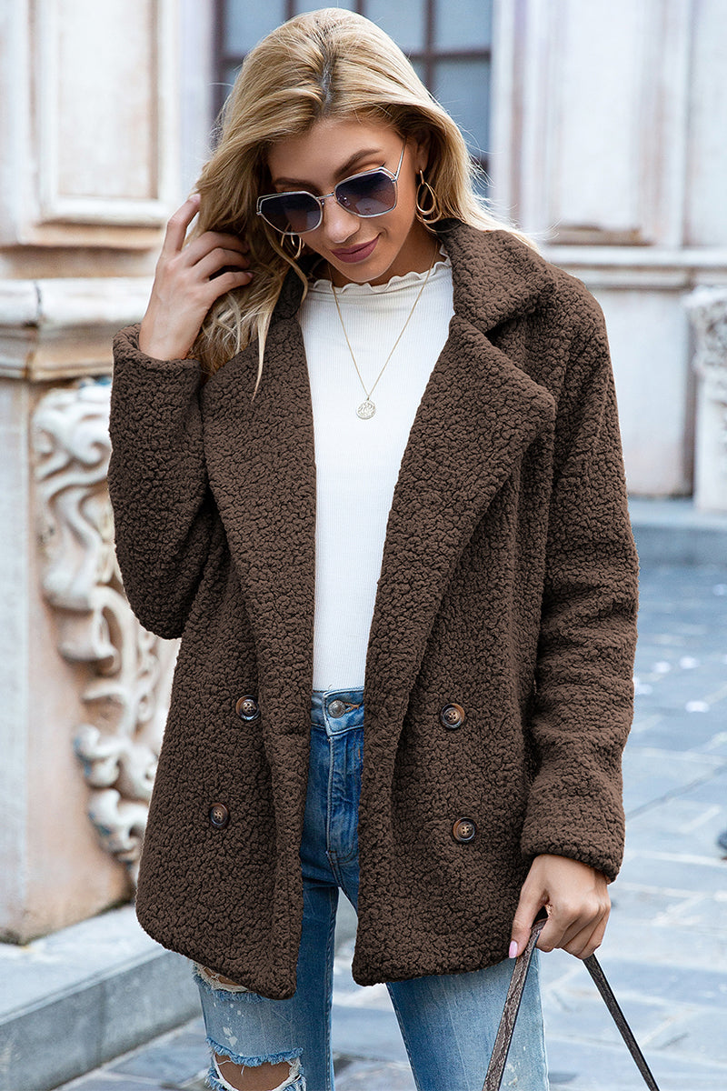 Full Size Lapel Collar Sherpa Coat - MARIGOLD 