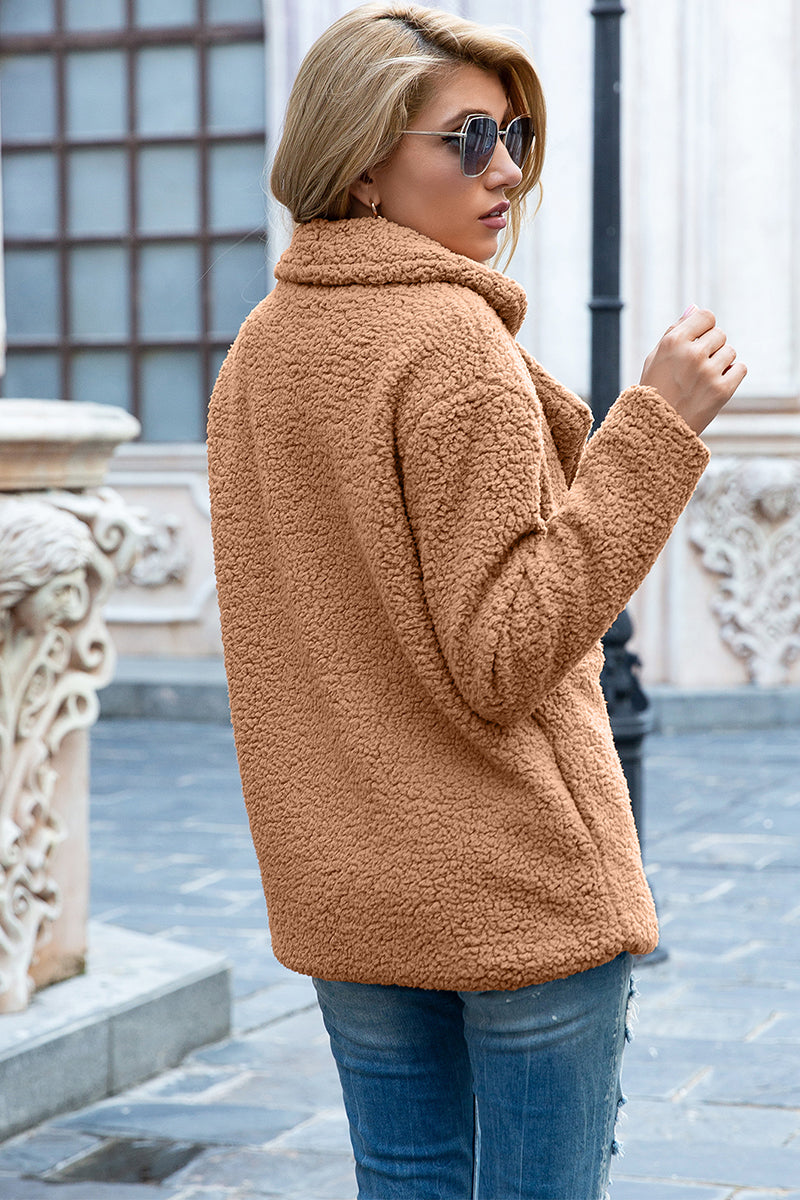 Full Size Lapel Collar Sherpa Coat - MARIGOLD 
