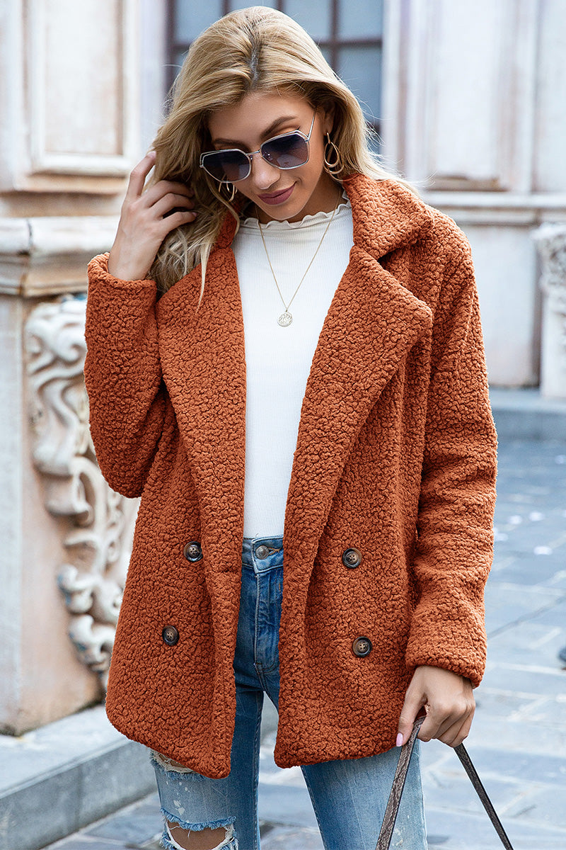 Full Size Lapel Collar Sherpa Coat - MARIGOLD 