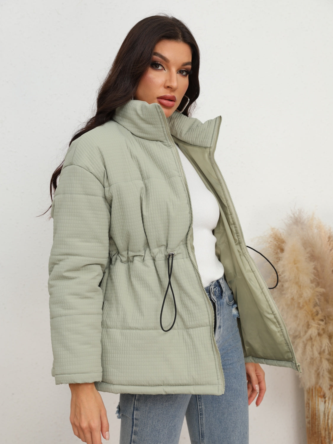 Drawstring Waist Zip-Up Jacket - MARIGOLD 