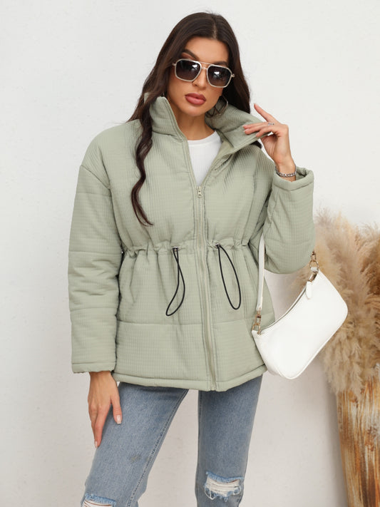 Drawstring Waist Zip-Up Jacket - MARIGOLD 