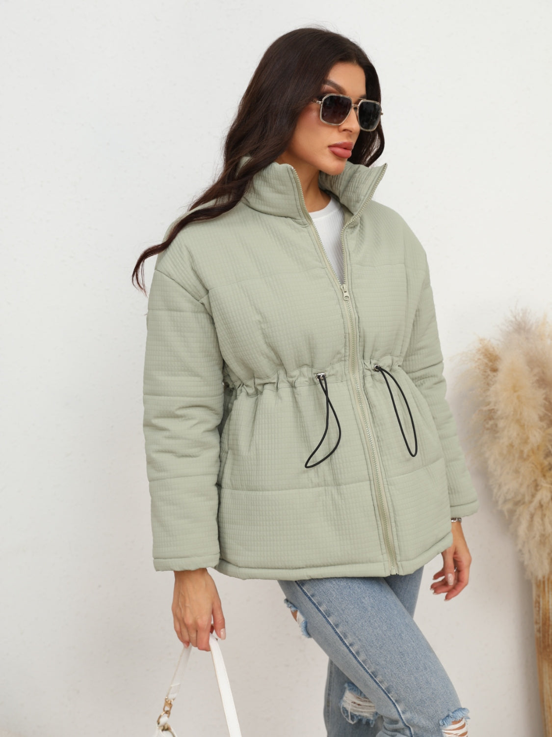 Drawstring Waist Zip-Up Jacket - MARIGOLD 