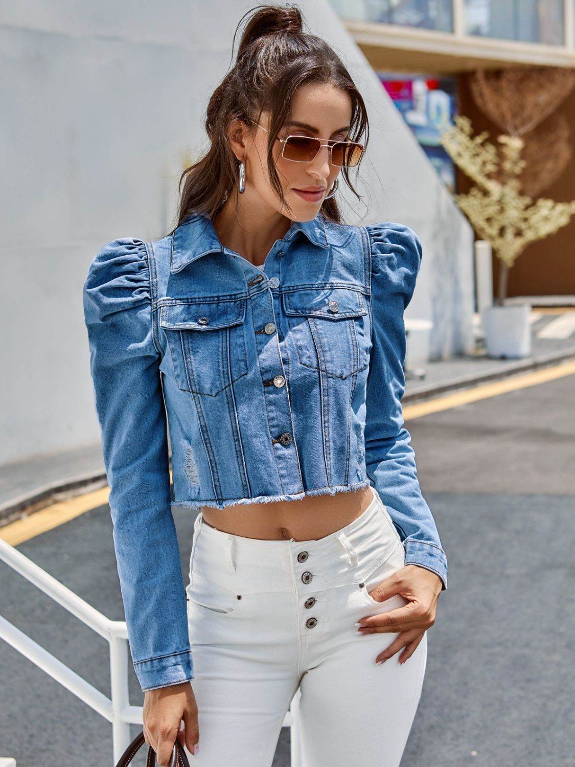 Button Down Raw Hem Cropped Denim Jacket - MARIGOLD 
