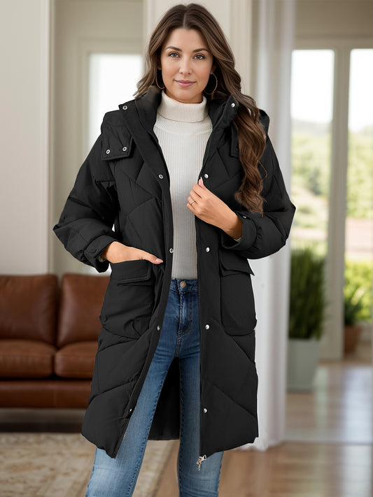 Hooded Longline Winter Coat with Long Sleeves and Pockets - MARIGOLD 