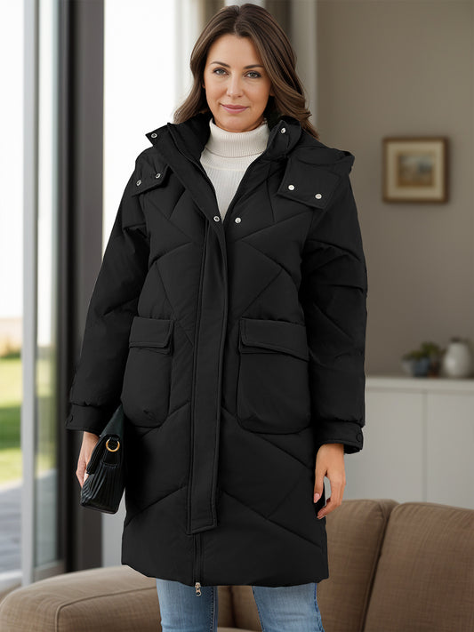 Hooded Longline Winter Coat with Long Sleeves and Pockets - MARIGOLD 