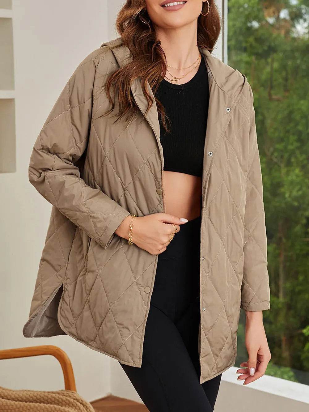 Slit Snap Down Long Sleeve Hooded Jacket - MARIGOLD 