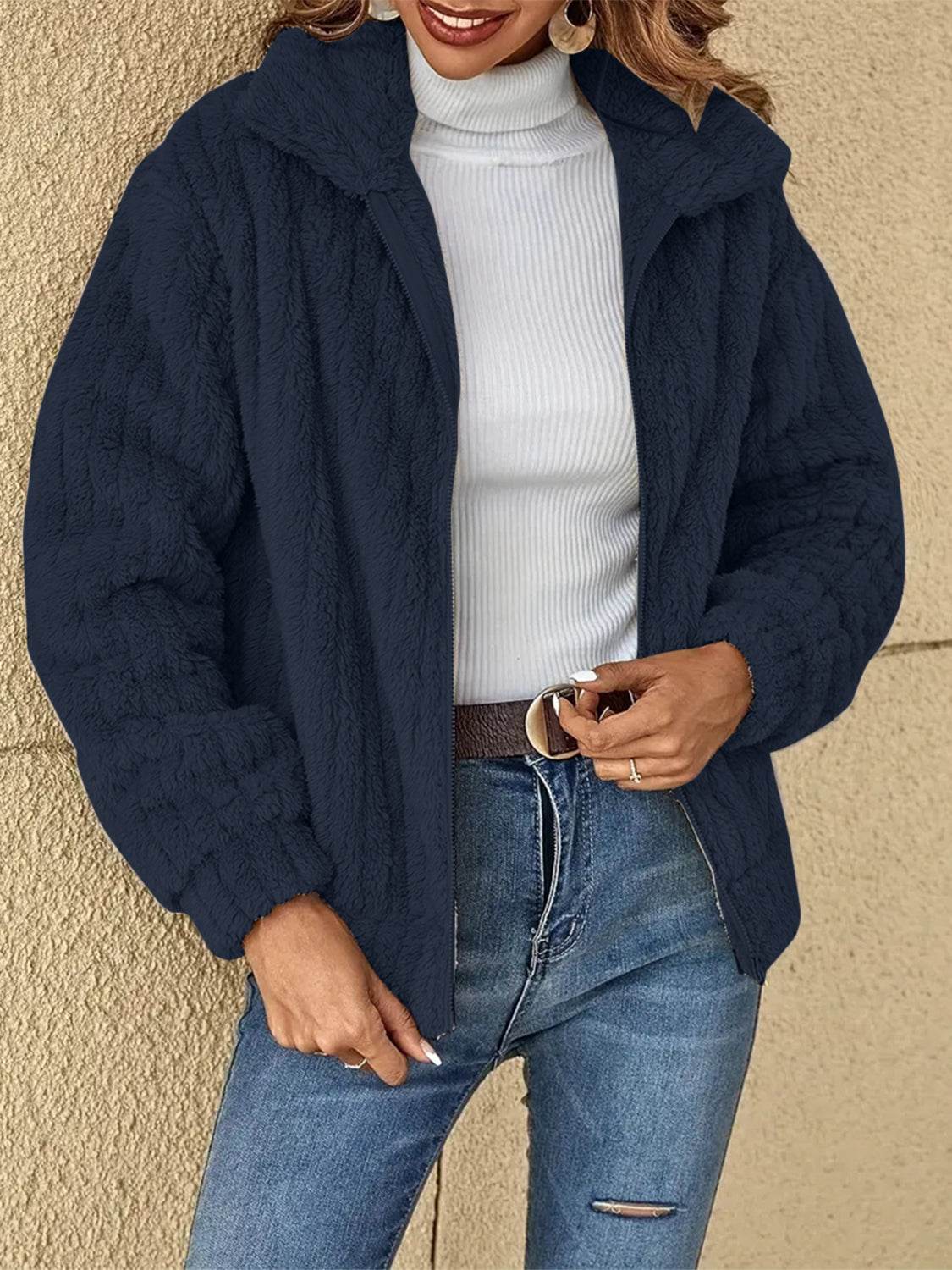 Plush Zip Up Long Sleeve Jacket - MARIGOLD 