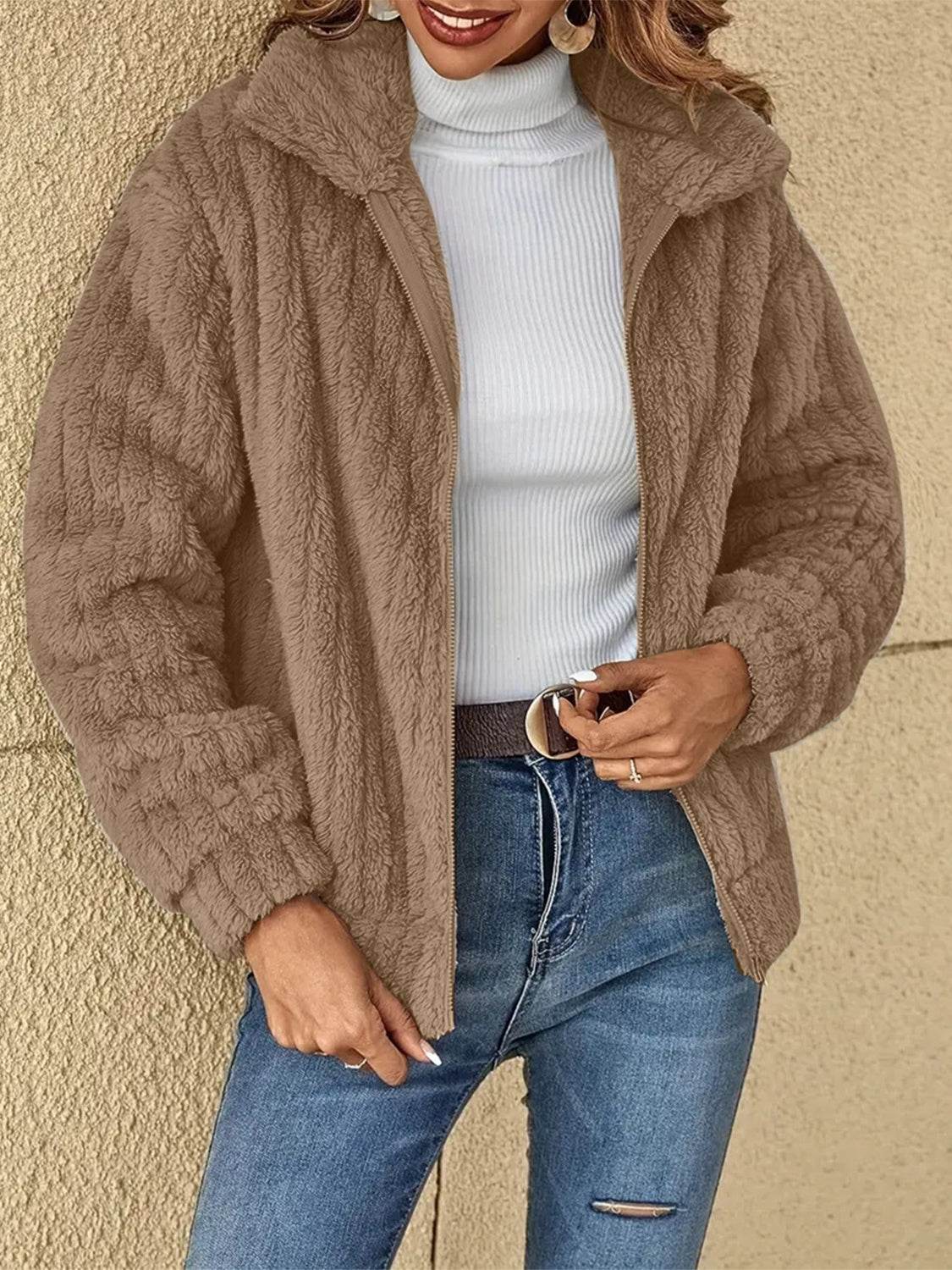 Plush Zip Up Long Sleeve Jacket - MARIGOLD 