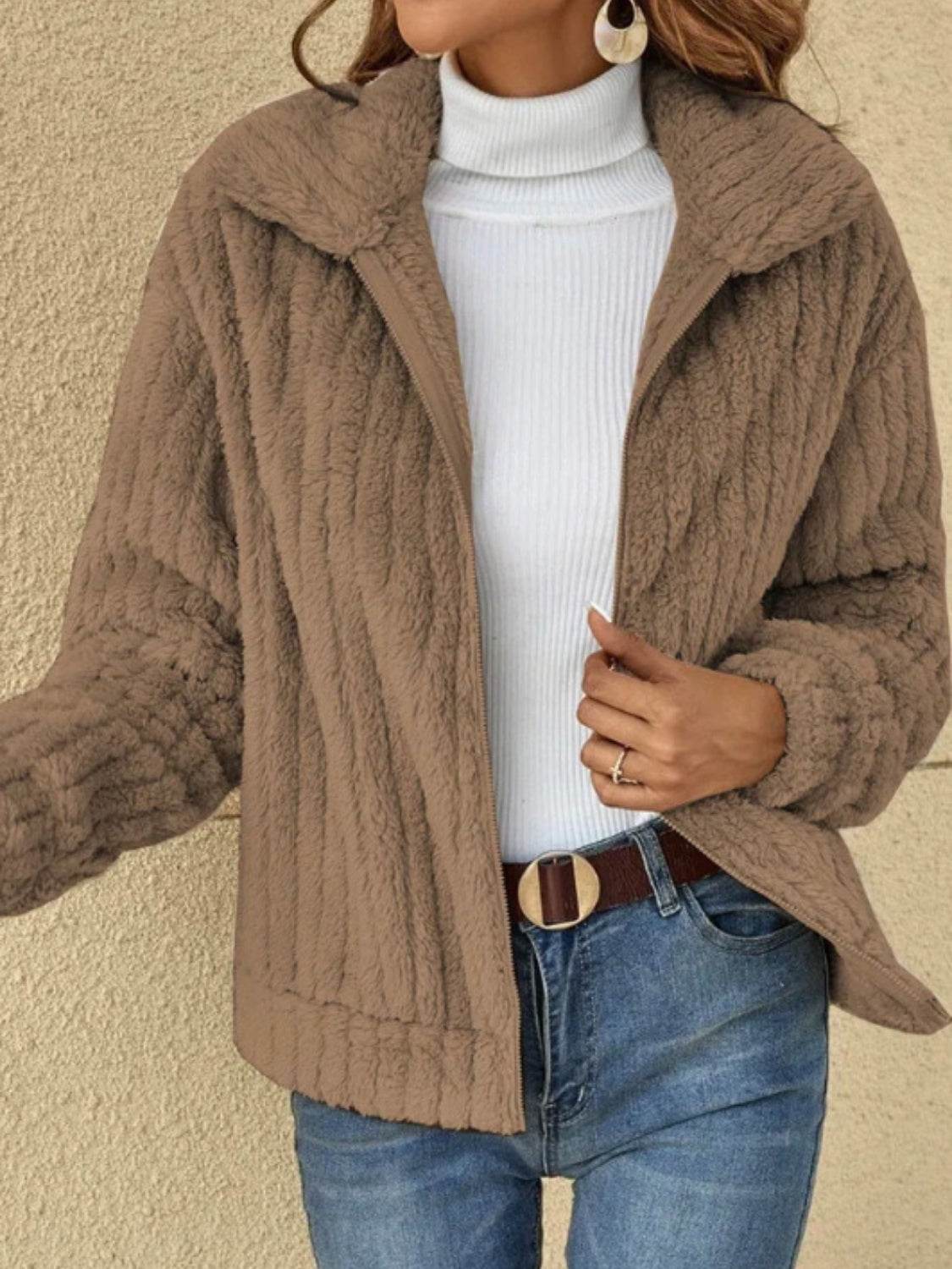 Plush Zip Up Long Sleeve Jacket - MARIGOLD 
