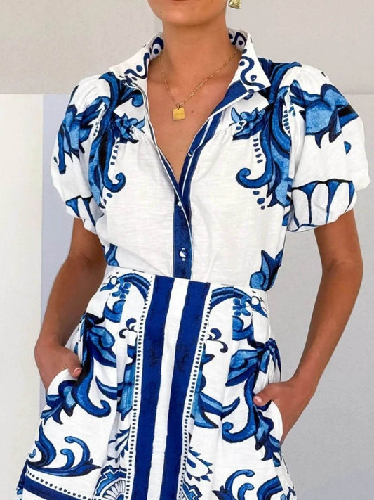Puff Sleeve Printed Top and Skirt Set - MARIGOLD 