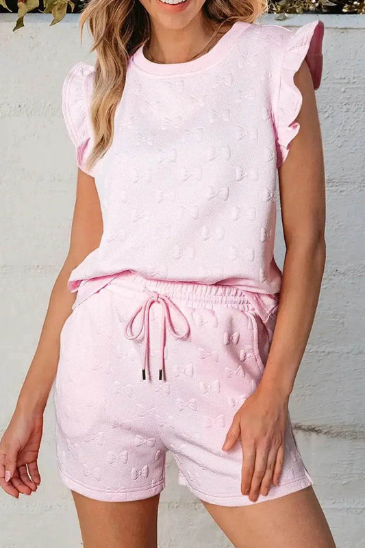 Bow Jacquard Ruffle Cap Sleeve Top and Shorts Set - MARIGOLD 