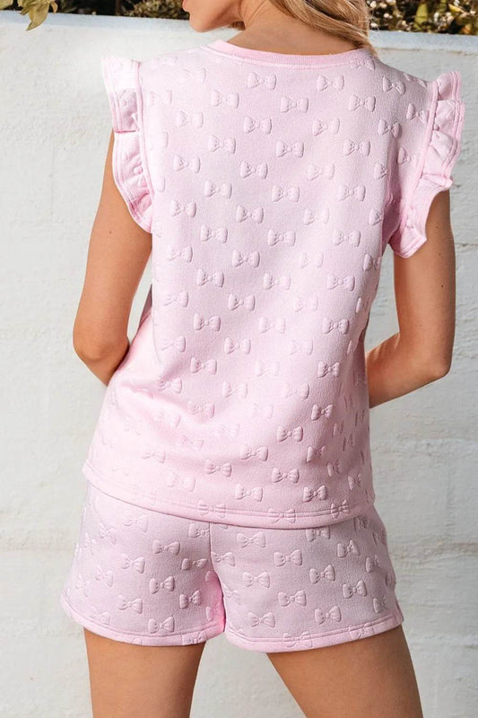 Bow Jacquard Ruffle Cap Sleeve Top and Shorts Set - MARIGOLD 