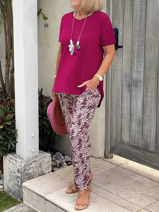 Round Neck Short Sleeve Top and Pants Set Plus Size - MARIGOLD 