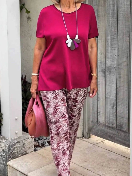 Round Neck Short Sleeve Top and Pants Set Plus Size - MARIGOLD 