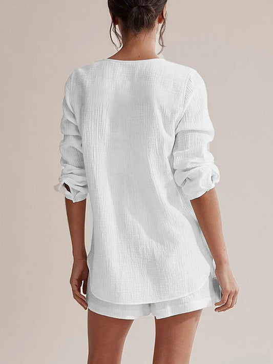 Notched Long Sleeve Top and Shorts Set - MARIGOLD 