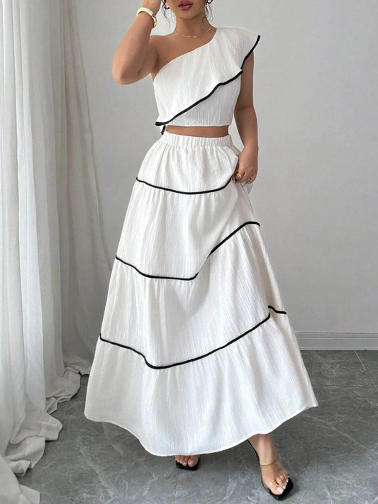 One-Shoulder Ruffle Top and Skirt Two-Piece Set - MARIGOLD 