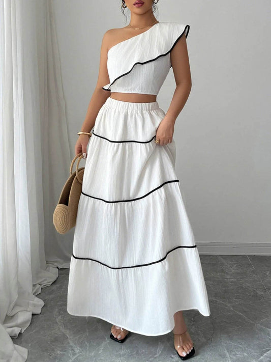 One-Shoulder Ruffle Top and Skirt Two-Piece Set - MARIGOLD 