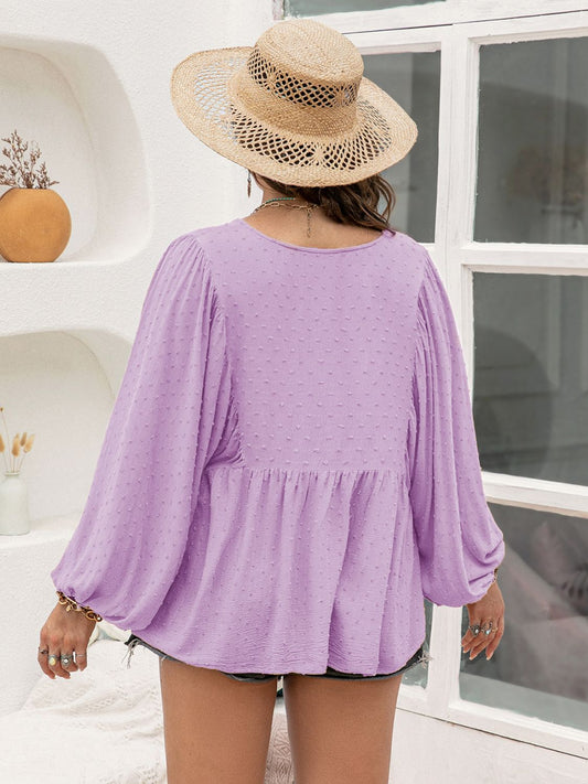 Swiss Dot Tie Neck Long Sleeve Blouse (Curve) - MARIGOLD 