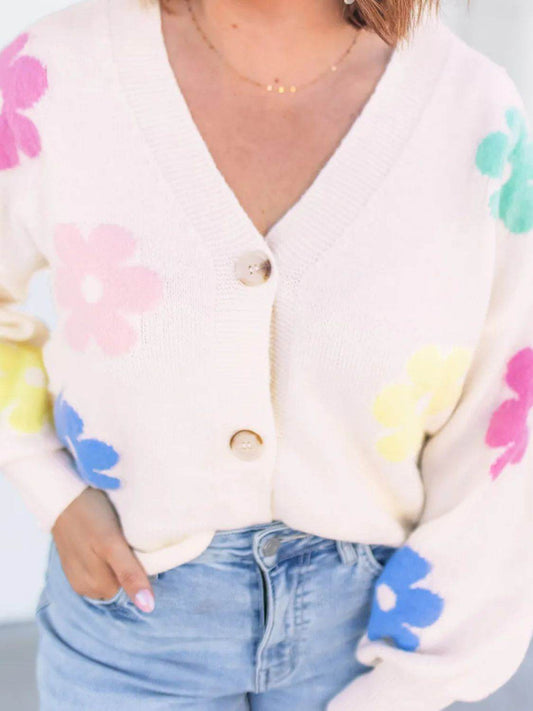 Long Sleeve Pink Floral Button Cardigan - Plus Size - MARIGOLD 