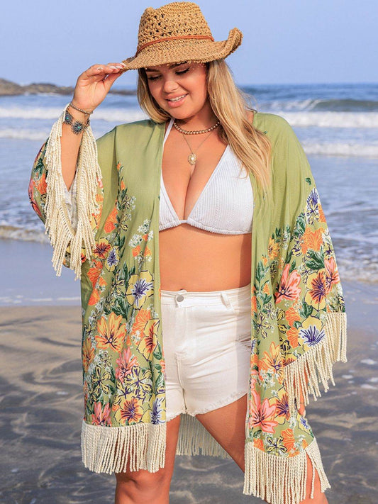 Plus Size Fringe Open Front Cover-Up - MARIGOLD 