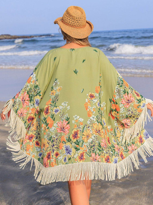Plus Size Fringe Open Front Cover-Up - MARIGOLD 