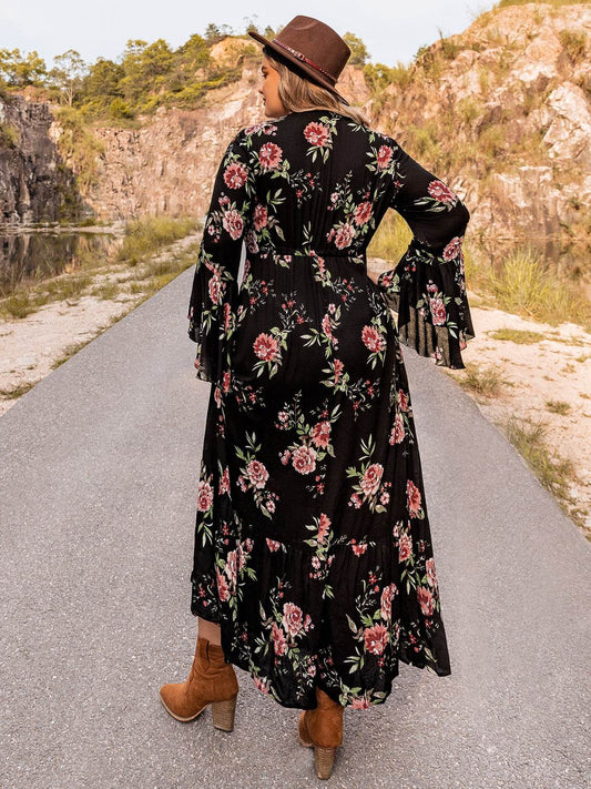 Floral Flare Sleeve Maxi Dress (Curve) - MARIGOLD 