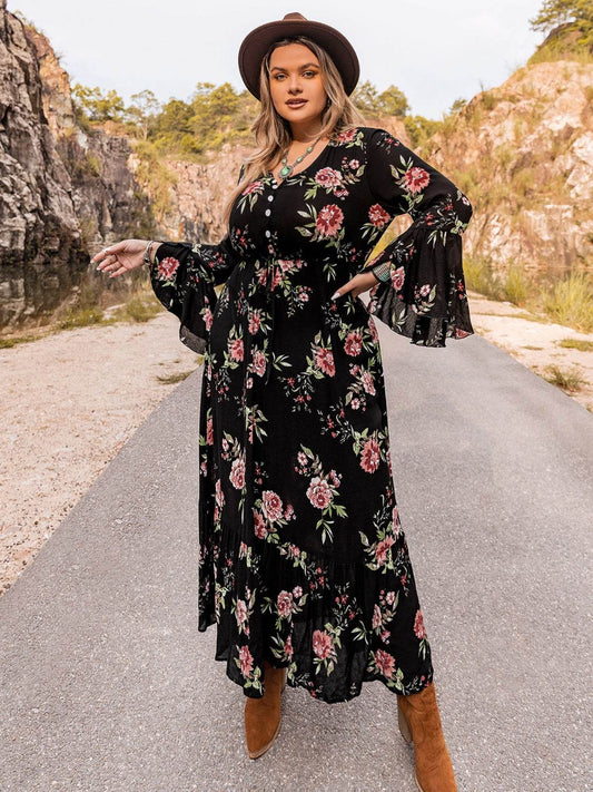 Floral Flare Sleeve Maxi Dress (Curve) - MARIGOLD 