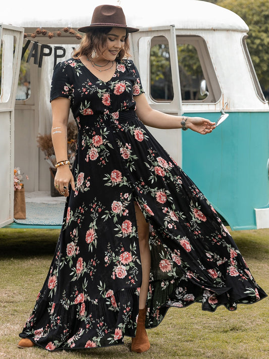Plus Size Button Detail Printed V-Neck Short Sleeve Maxi Dress - MARIGOLD 