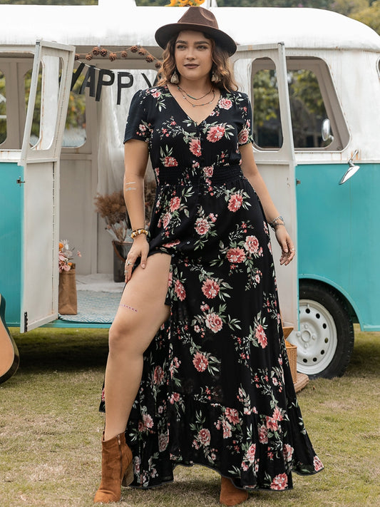 Plus Size Button Detail Printed V-Neck Short Sleeve Maxi Dress - MARIGOLD 