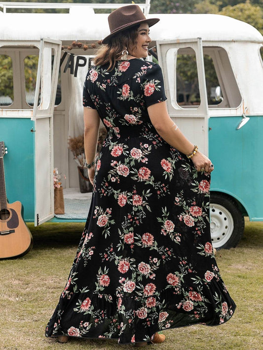 Plus Size Button Detail Printed V-Neck Short Sleeve Maxi Dress - MARIGOLD 