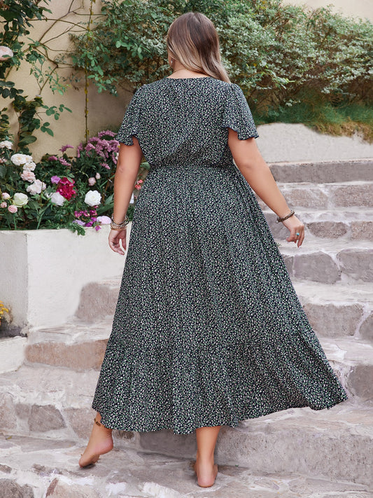 Plus Size Printed V-Neck Flutter Sleeve Midi Dress - MARIGOLD 