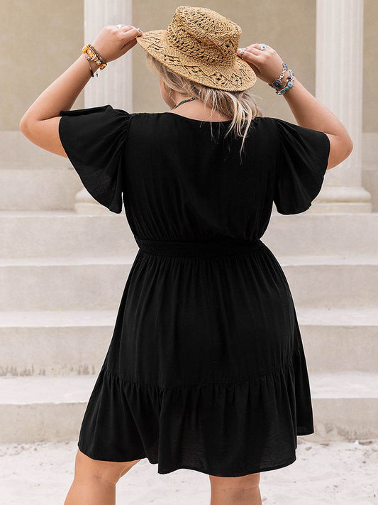 Plus Size V-Neck Flutter Sleeve Mini Dress - MARIGOLD 