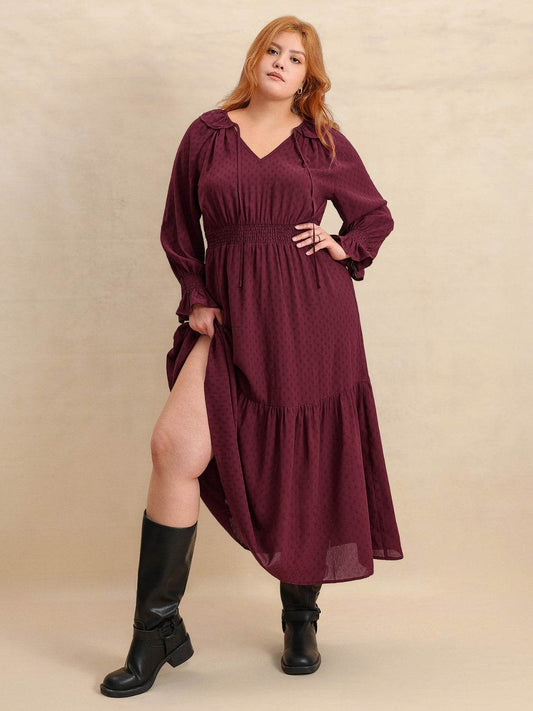 Plus Size Swiss Dot Tie Neck Flounce Sleeve Maxi Dress - MARIGOLD 