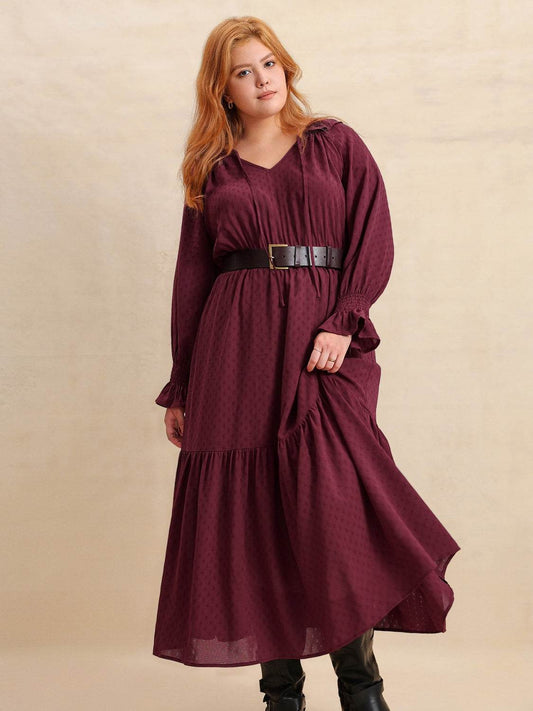Plus Size Swiss Dot Tie Neck Flounce Sleeve Maxi Dress - MARIGOLD 
